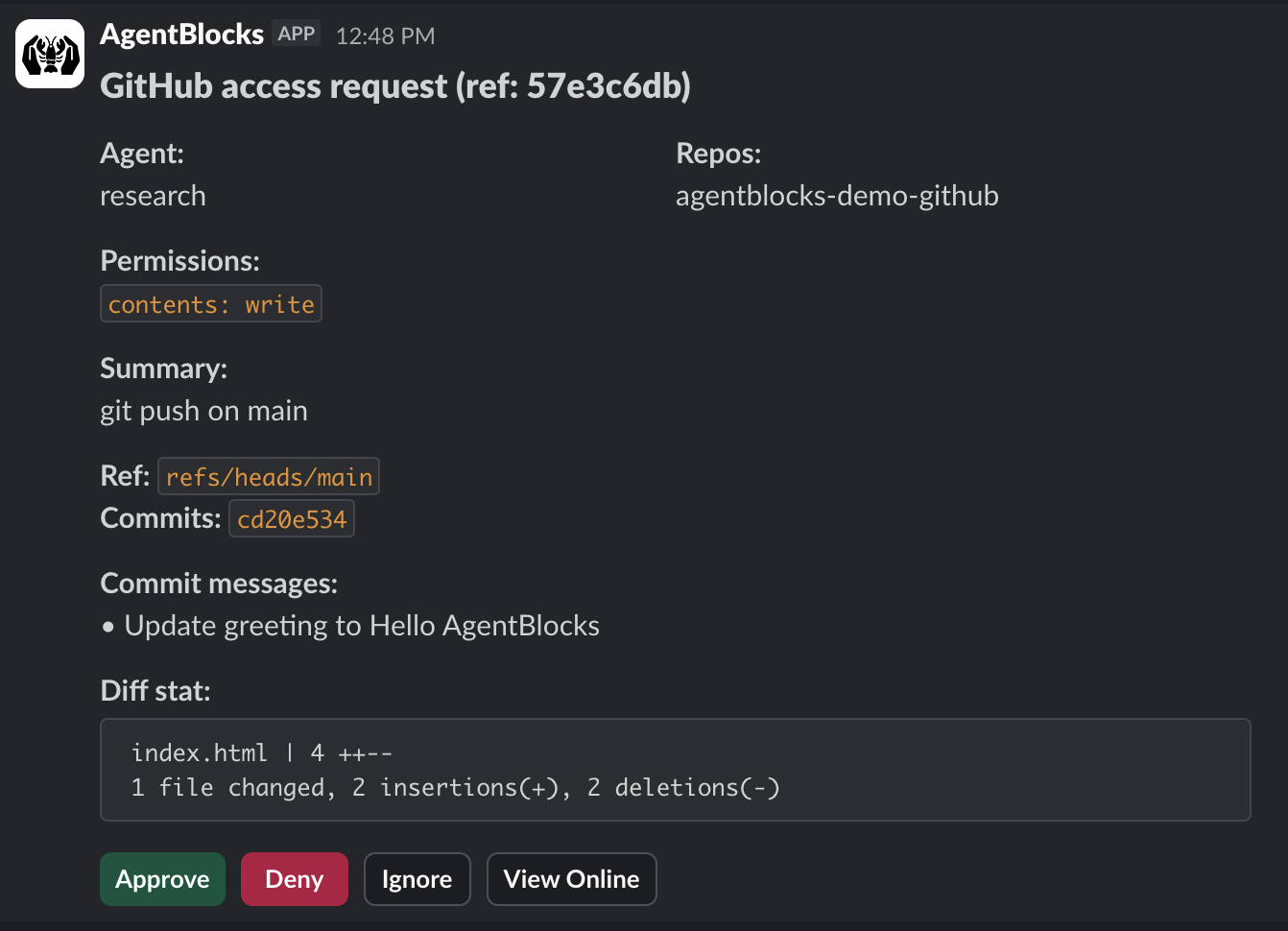 AgentBlocks approval dialog in Slack showing the push details and Approve / Deny buttons